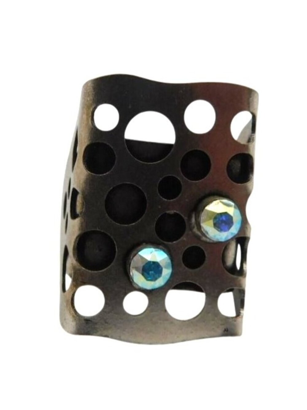 Modern Silver-Tone Statement Ring Openwork Design Crystal Accents Size 7 Adjusts